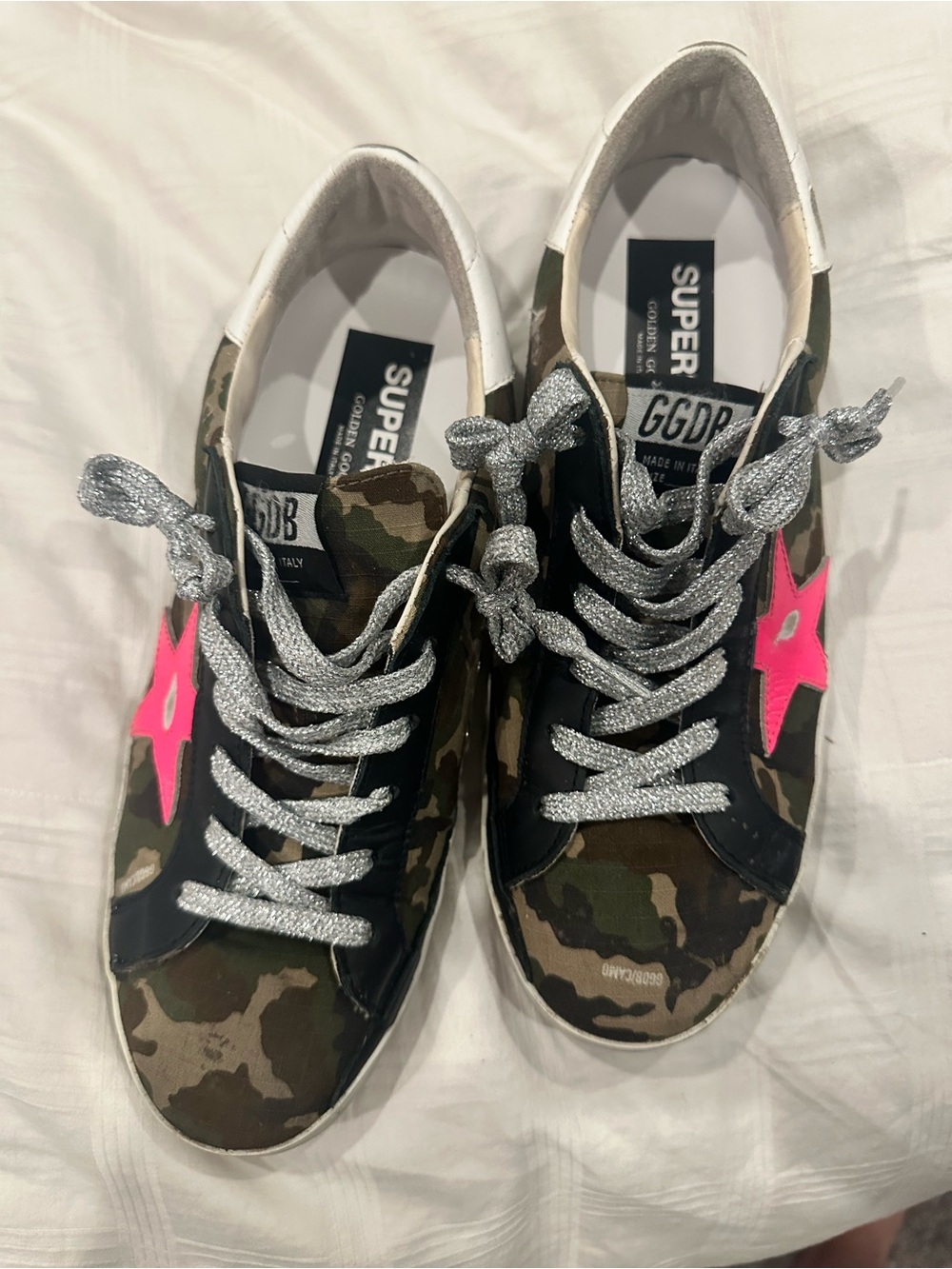 Golden Goose Women’s Camo Sneakers with Pink Star and Silver Laces